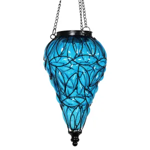 Solar Tear Shaped Glass and Metal Hanging Lantern in Blue with 15 Cool White LED Firefly String Lights, 7 by 24 Inches