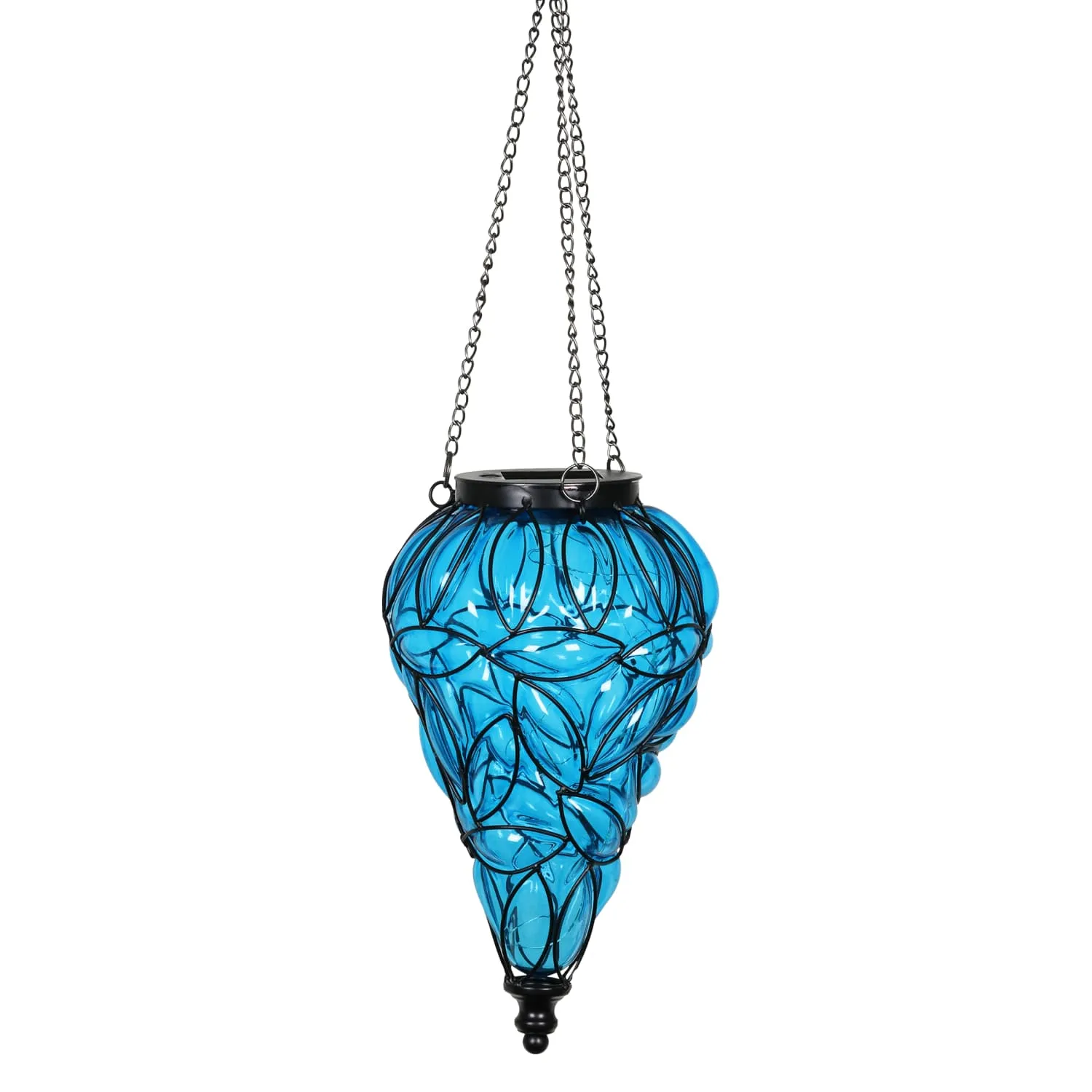 Solar Tear Shaped Glass and Metal Hanging Lantern in Blue with 15 Cool White LED Firefly String Lights, 7 by 24 Inches