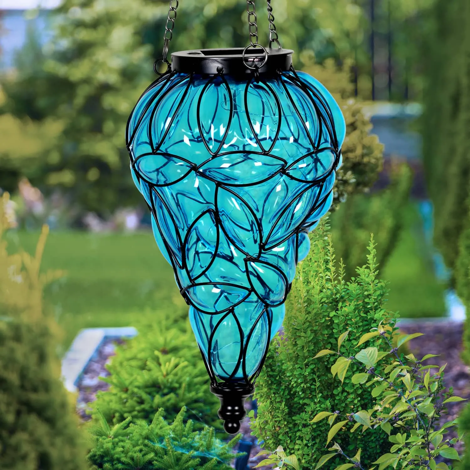 Solar Tear Shaped Glass and Metal Hanging Lantern in Blue with 15 Cool White LED Firefly String Lights, 7 by 24 Inches