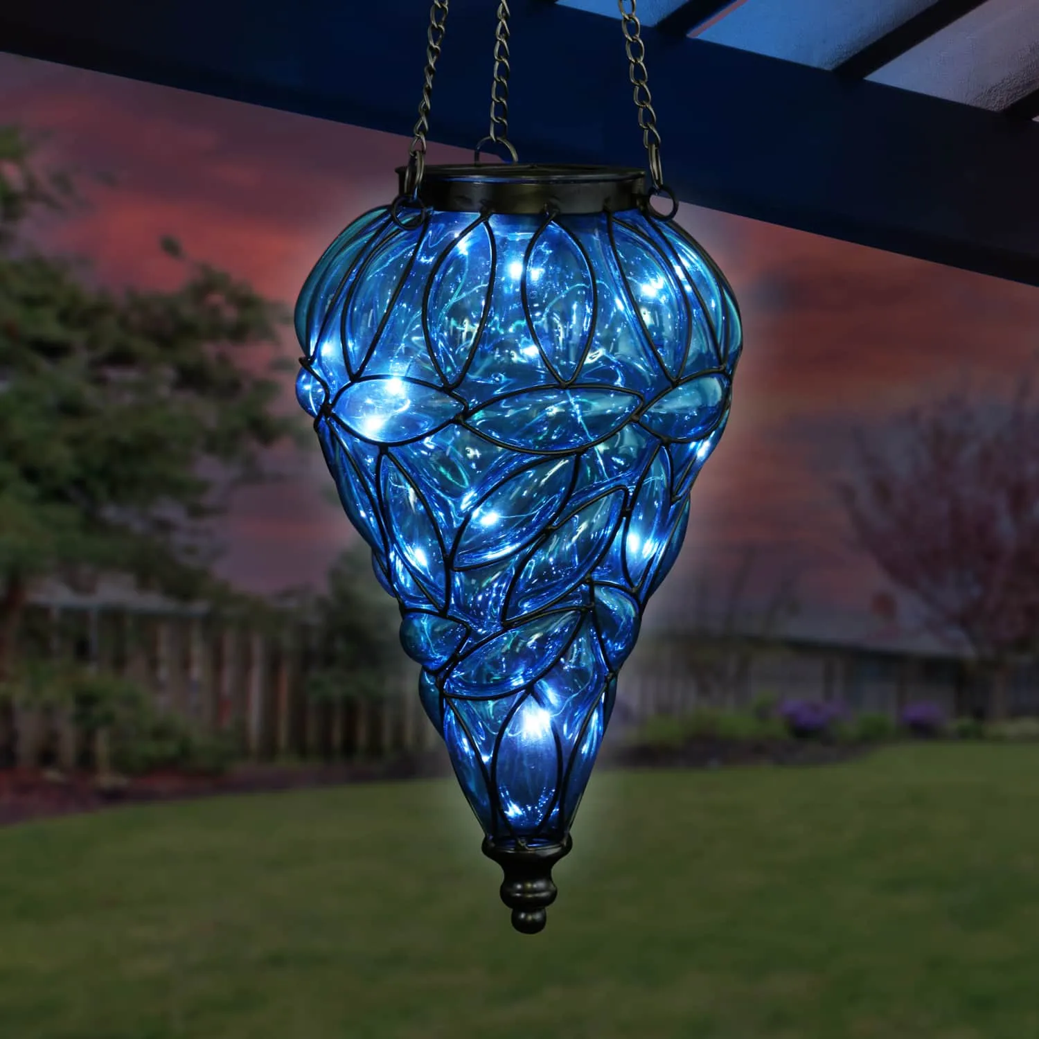 Solar Tear Shaped Glass and Metal Hanging Lantern in Blue with 15 Cool White LED Firefly String Lights, 7 by 24 Inches