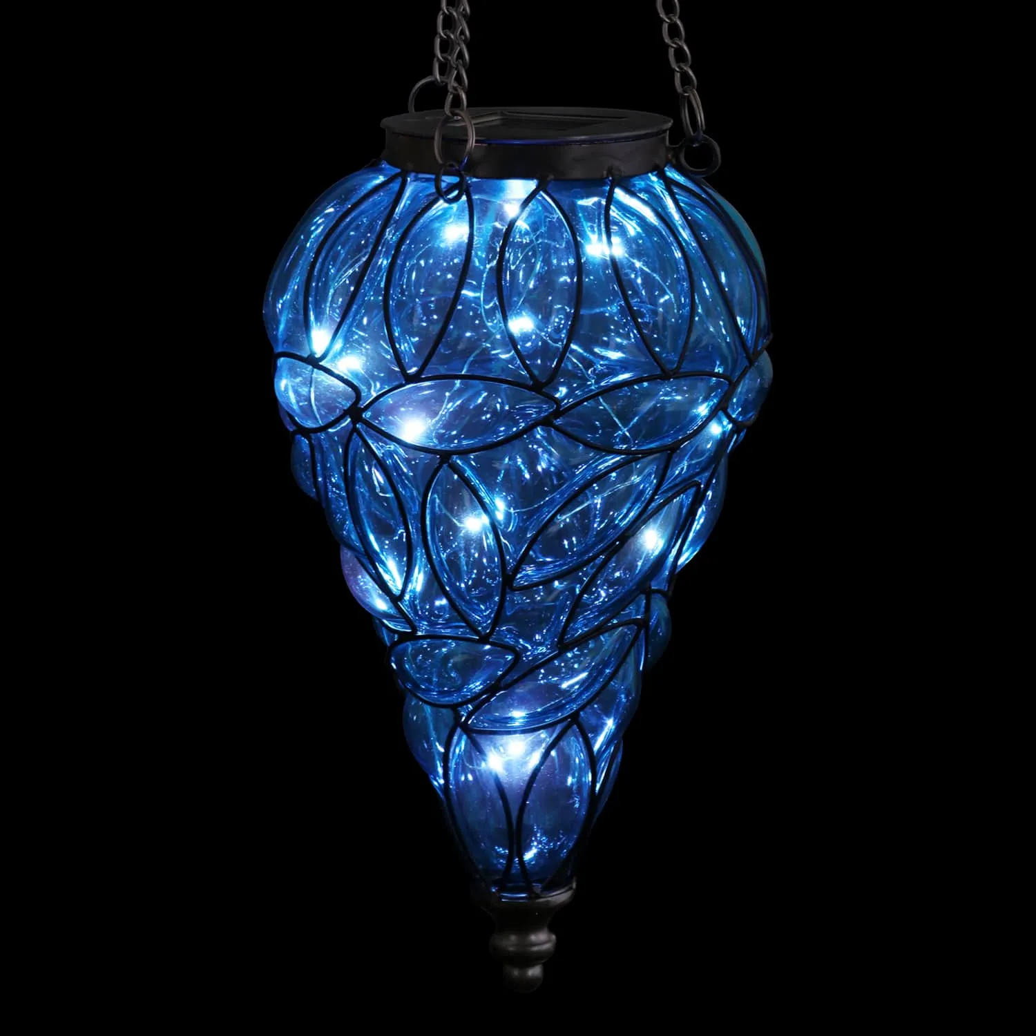 Solar Tear Shaped Glass and Metal Hanging Lantern in Blue with 15 Cool White LED Firefly String Lights, 7 by 24 Inches