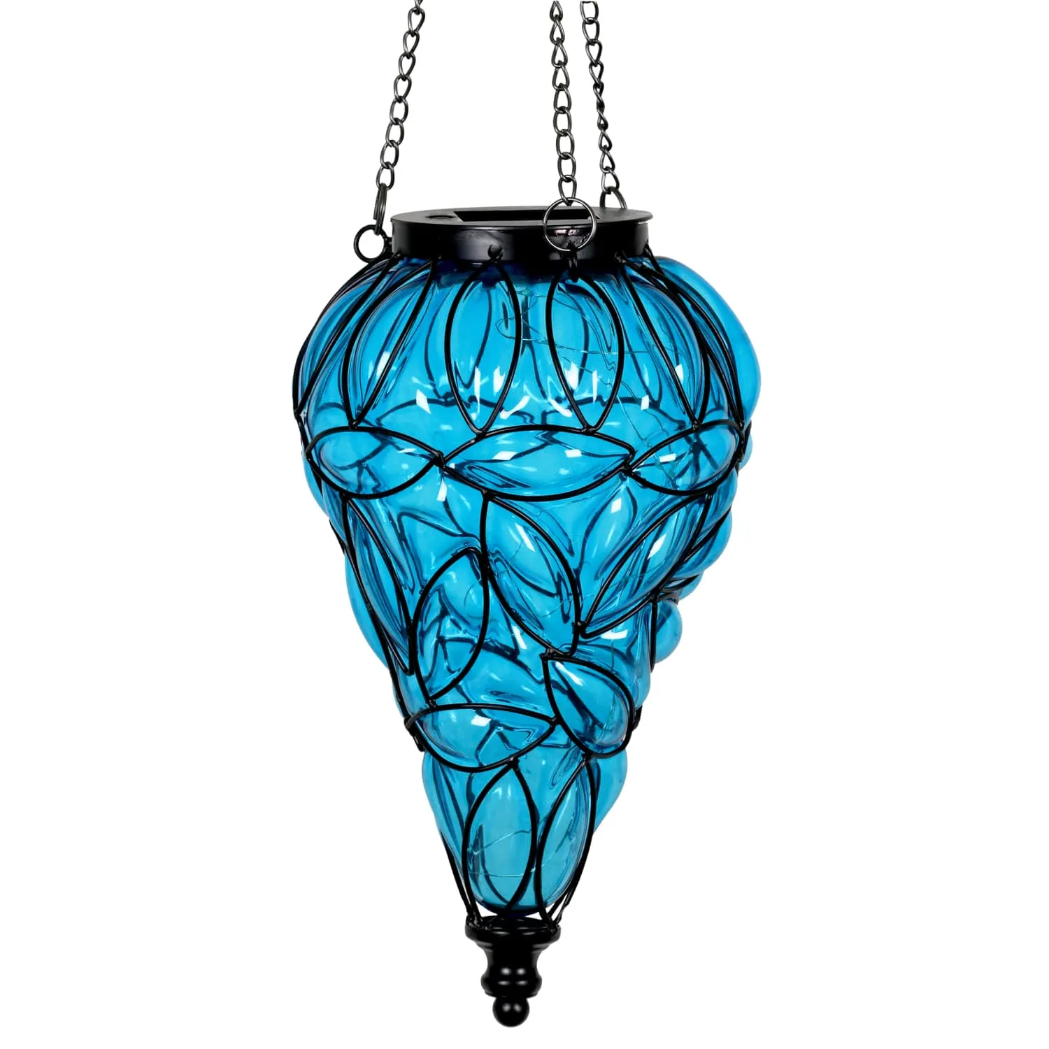 Solar Tear Shaped Glass and Metal Hanging Lantern in Blue with 15 Cool White LED Firefly String Lights, 7 by 24 Inches