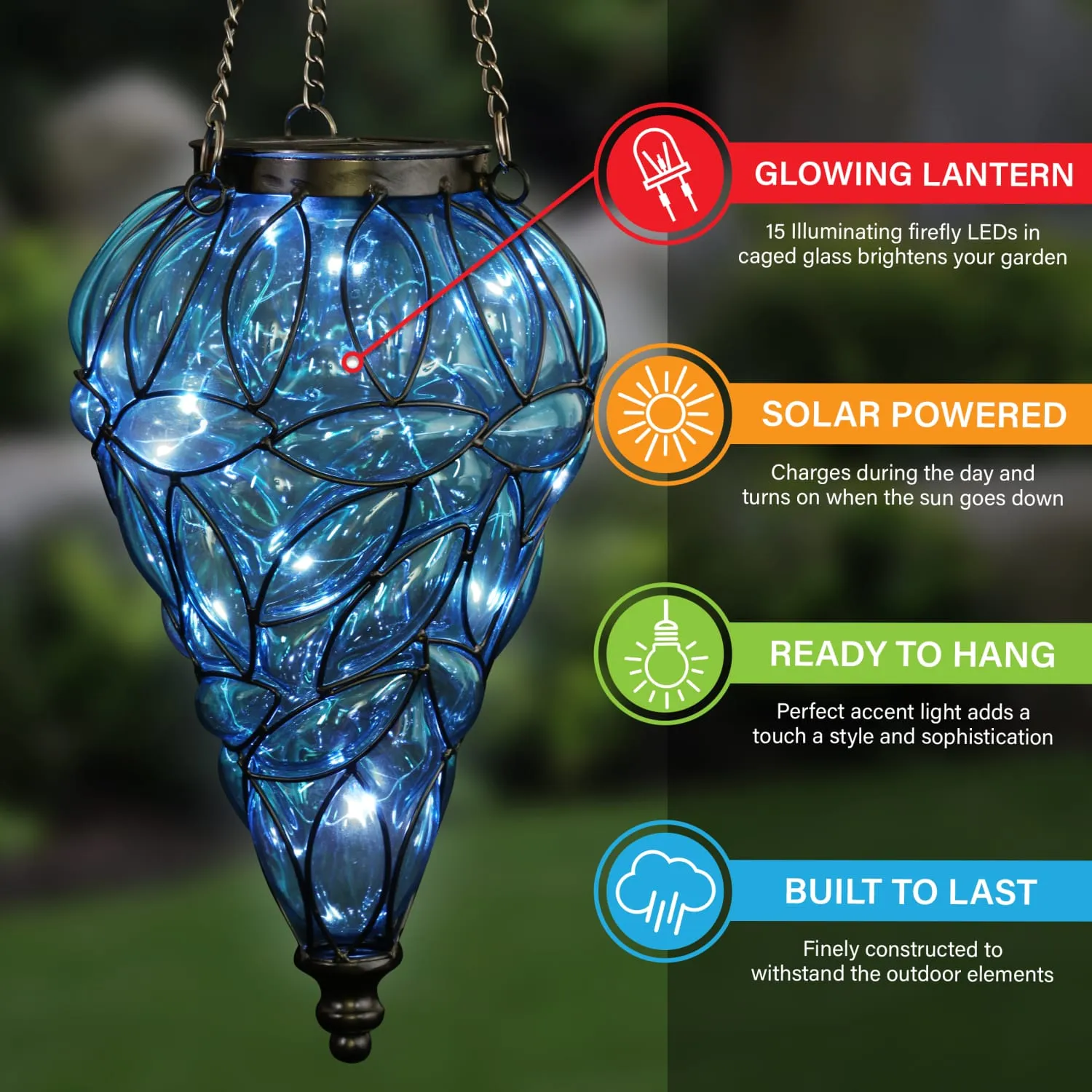 Solar Tear Shaped Glass and Metal Hanging Lantern in Blue with 15 Cool White LED Firefly String Lights, 7 by 24 Inches