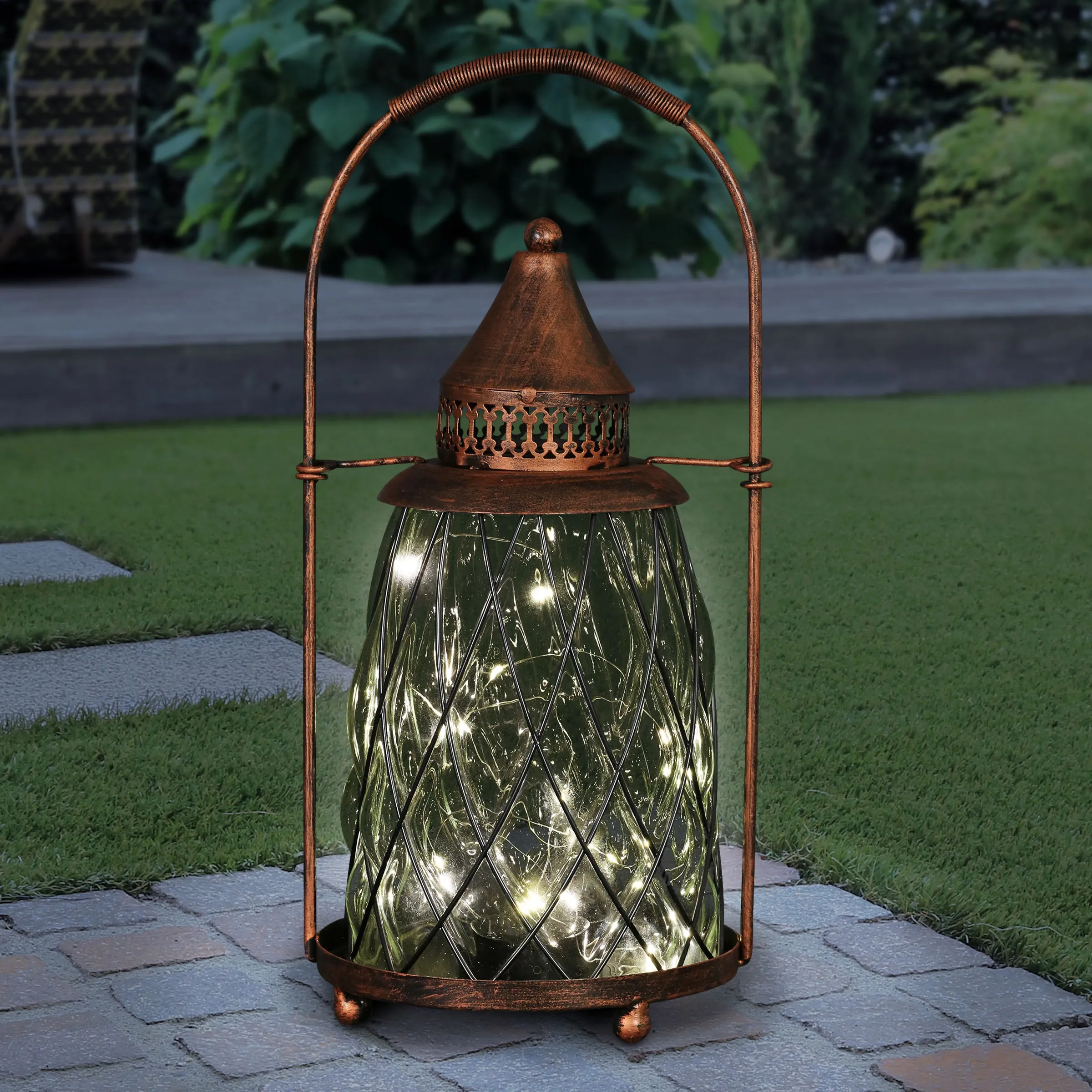 Solar Vintage Metal and Clear Glass Accent Lantern with fifteen LED Fairy Firefly String Lights, 7 by 15 Inches