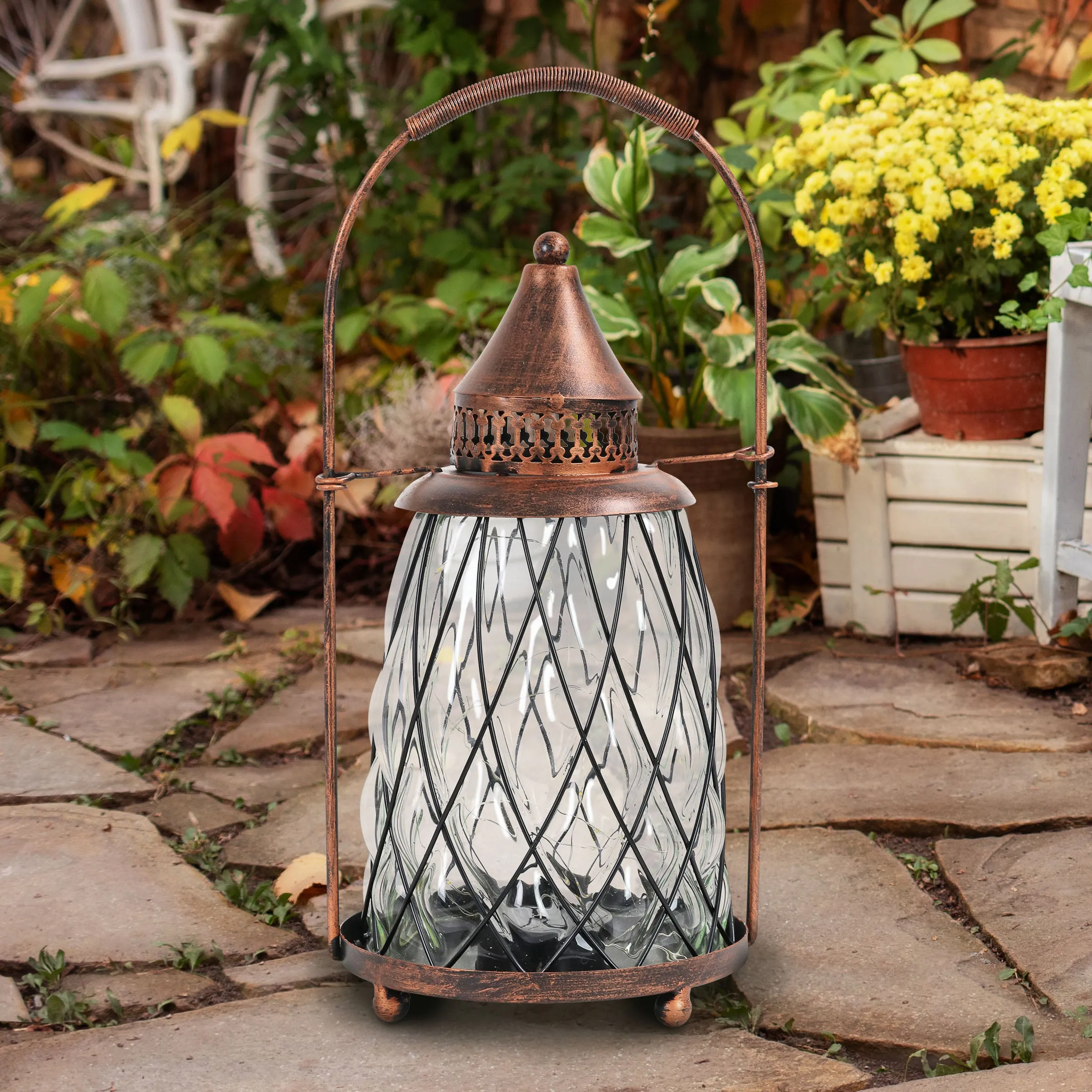 Solar Vintage Metal and Clear Glass Accent Lantern with fifteen LED Fairy Firefly String Lights, 7 by 15 Inches