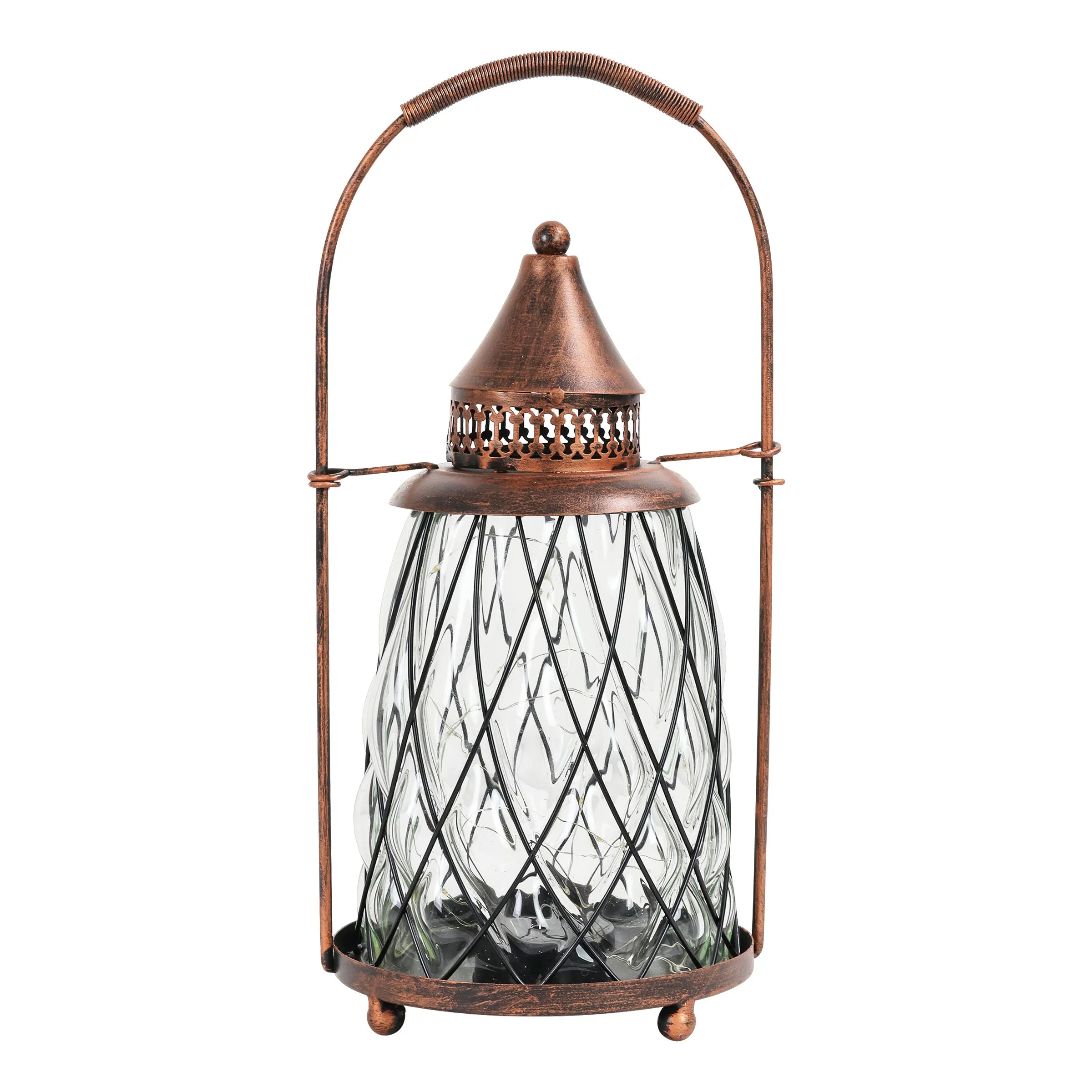 Solar Vintage Metal and Clear Glass Accent Lantern with fifteen LED Fairy Firefly String Lights, 7 by 15 Inches