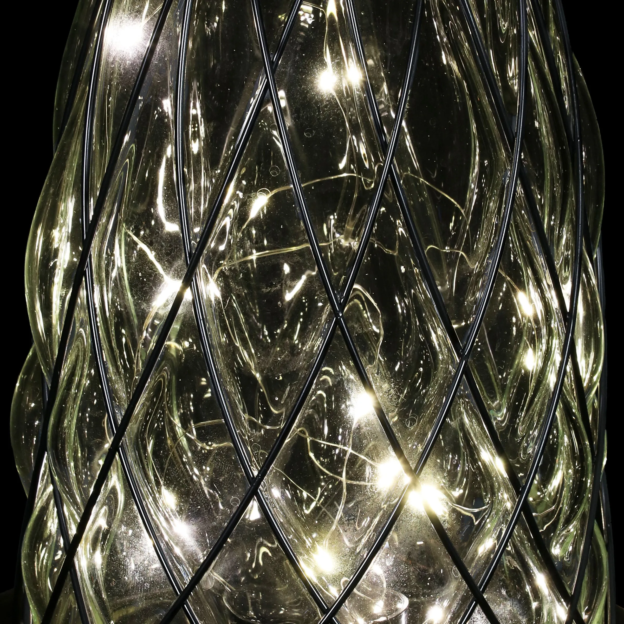 Solar Vintage Metal and Clear Glass Accent Lantern with fifteen LED Fairy Firefly String Lights, 7 by 15 Inches