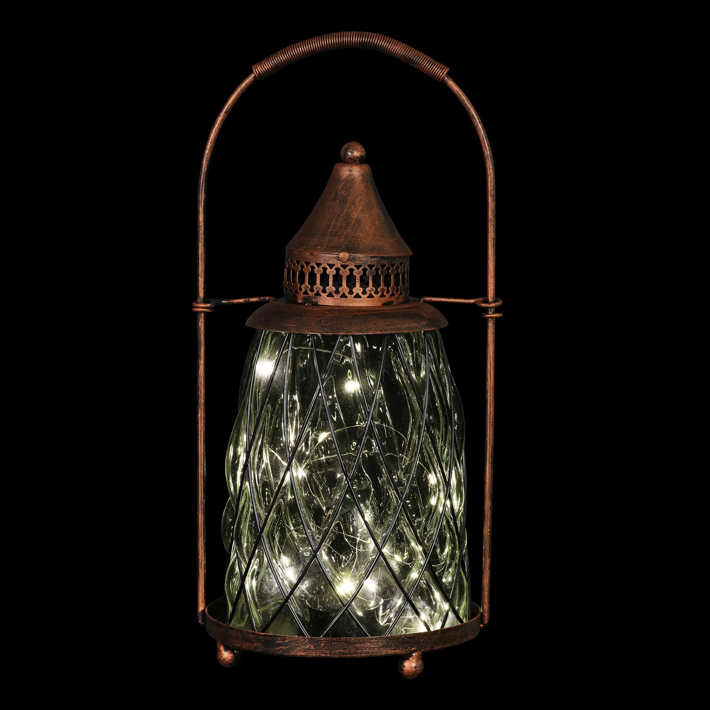 Solar Vintage Metal and Clear Glass Accent Lantern with fifteen LED Fairy Firefly String Lights, 7 by 15 Inches