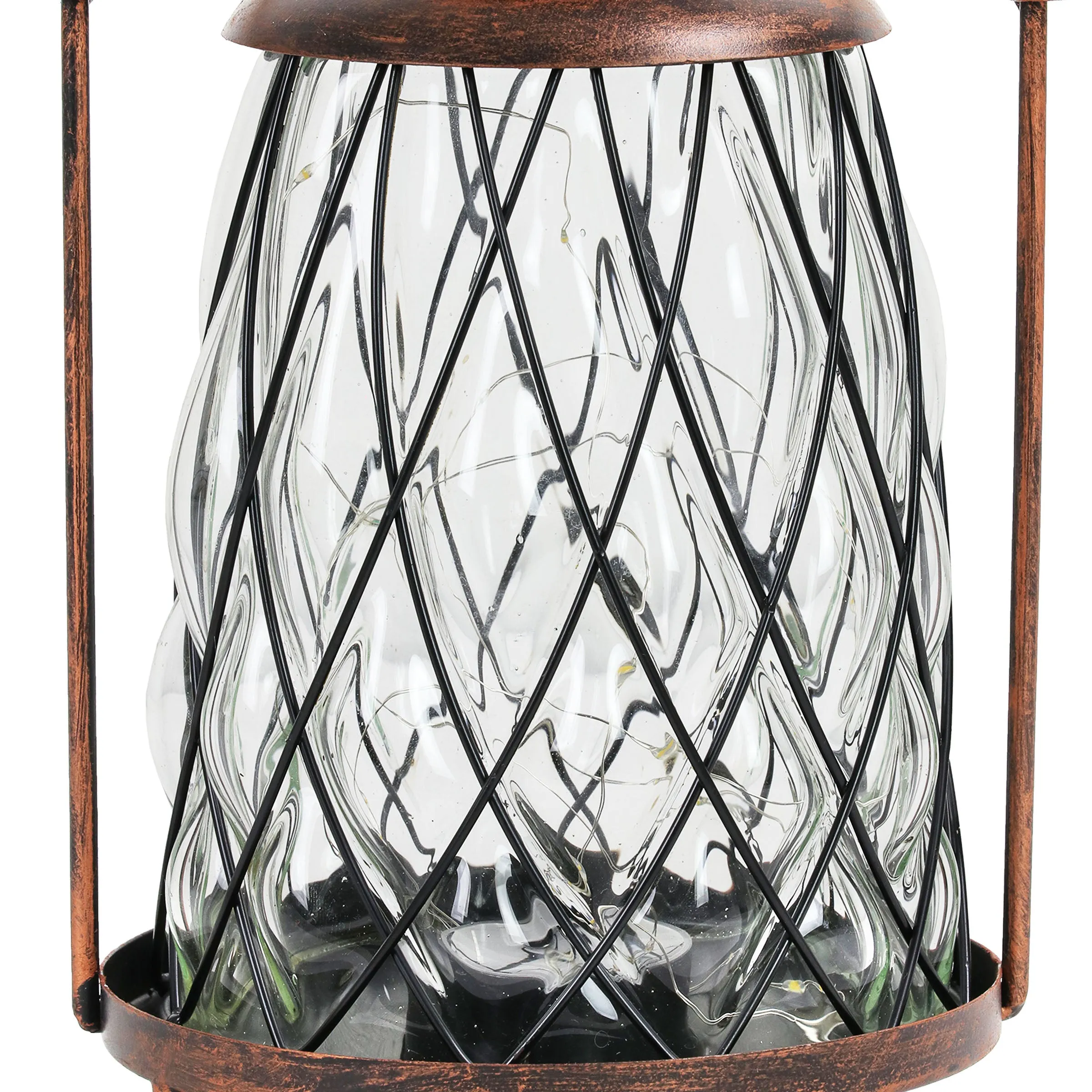 Solar Vintage Metal and Clear Glass Accent Lantern with fifteen LED Fairy Firefly String Lights, 7 by 15 Inches