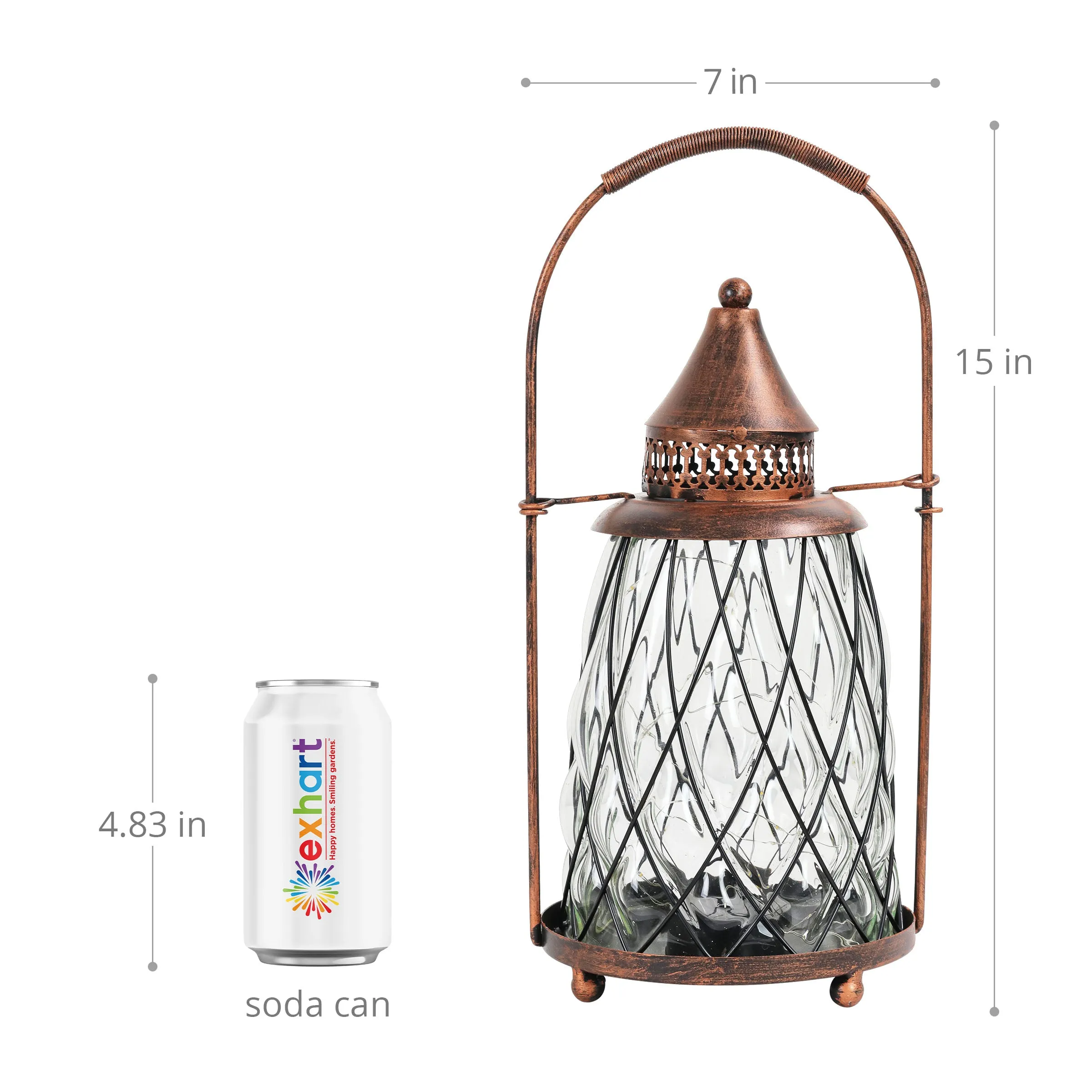 Solar Vintage Metal and Clear Glass Accent Lantern with fifteen LED Fairy Firefly String Lights, 7 by 15 Inches