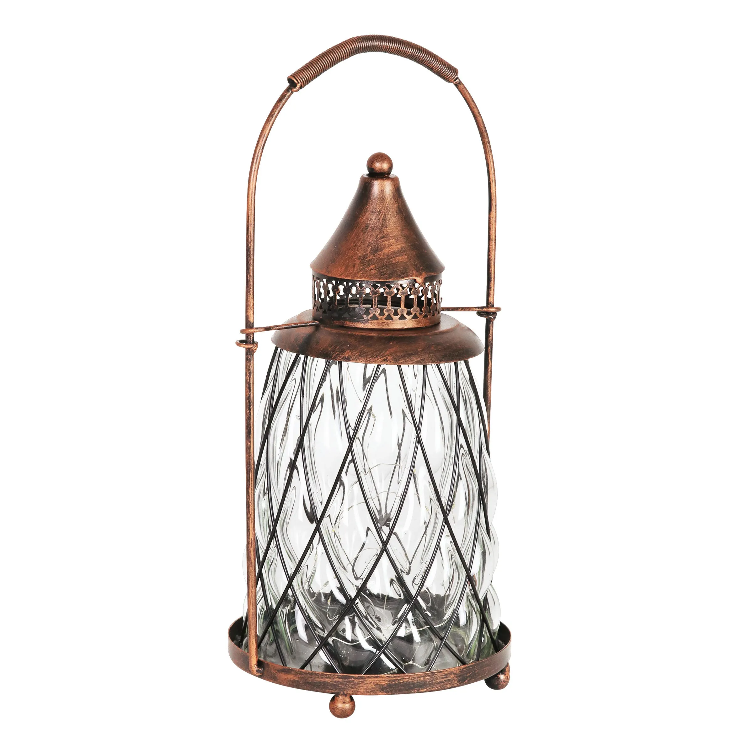 Solar Vintage Metal and Clear Glass Accent Lantern with fifteen LED Fairy Firefly String Lights, 7 by 15 Inches