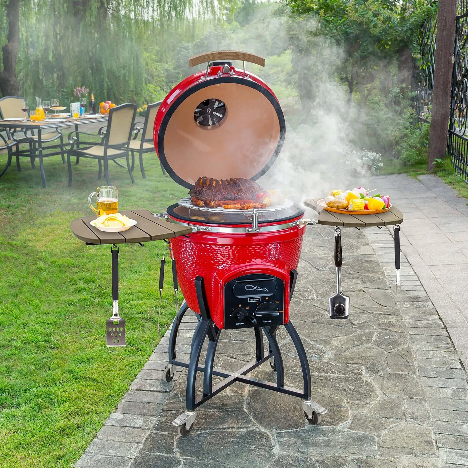 Vision Grills Kamado Ceramic Charcoal Grill W/ Electric Starter & Lava Stone Red